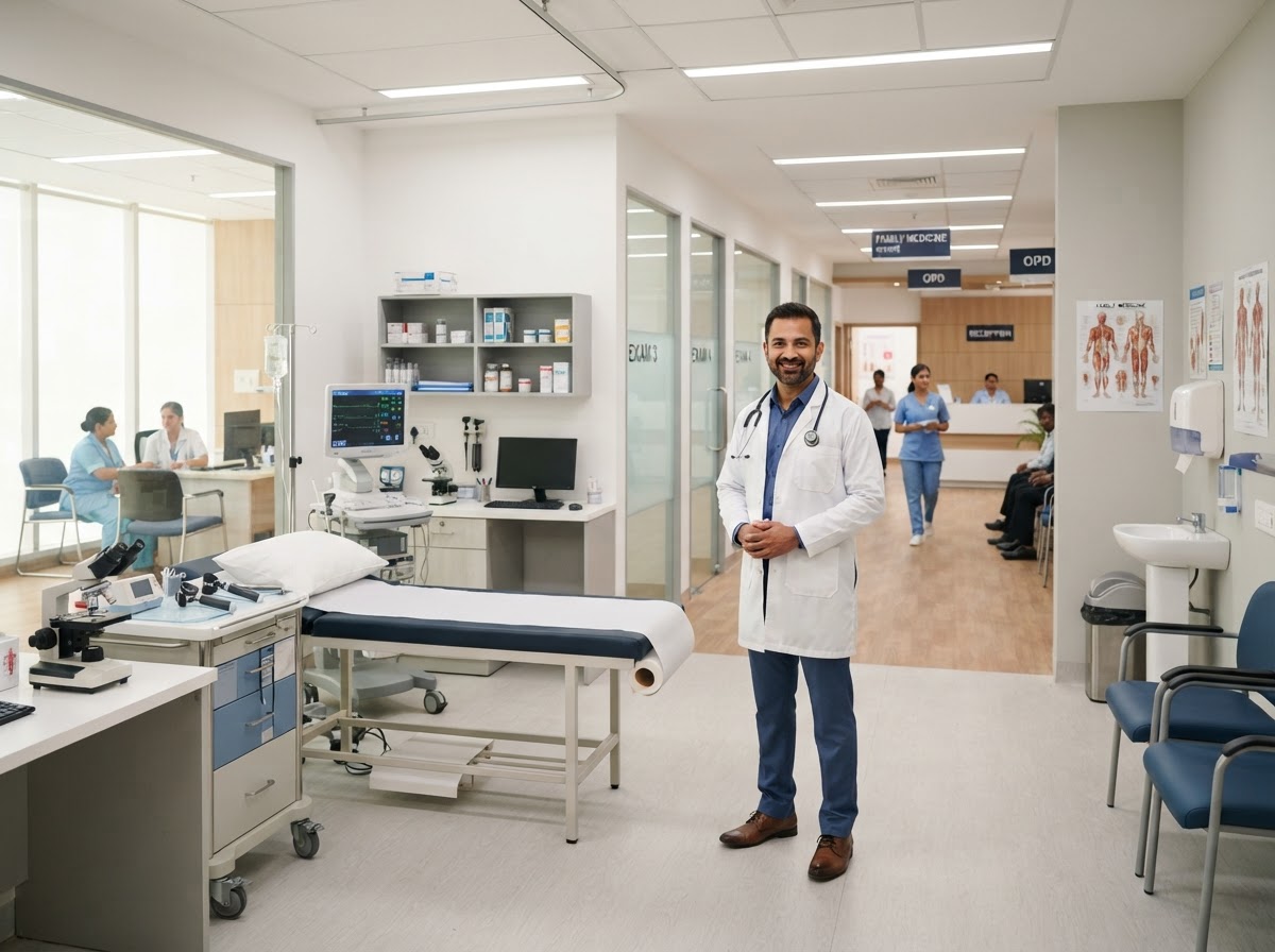 Indian male doctor in a white clinical coat in a spacious modern medical clinic