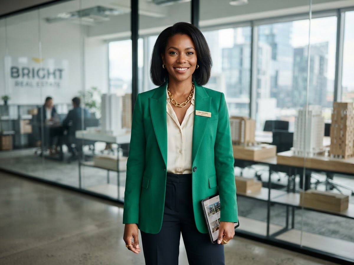 Stylish Black female real estate broker in her mid-30s in a bold emerald green blazer in a modern real estate office