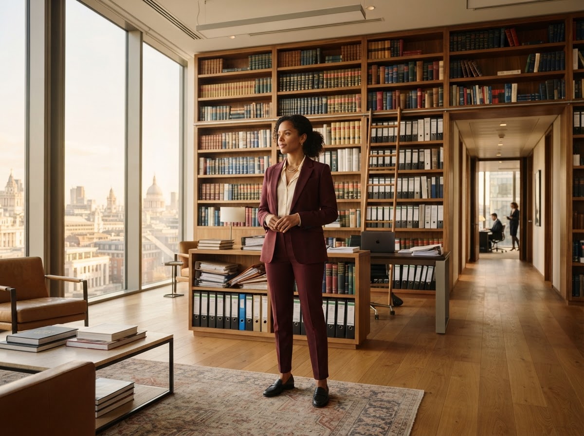 Stylish Black female attorney in a tailored burgundy suit standing in a spacious modern law office with bookshelves