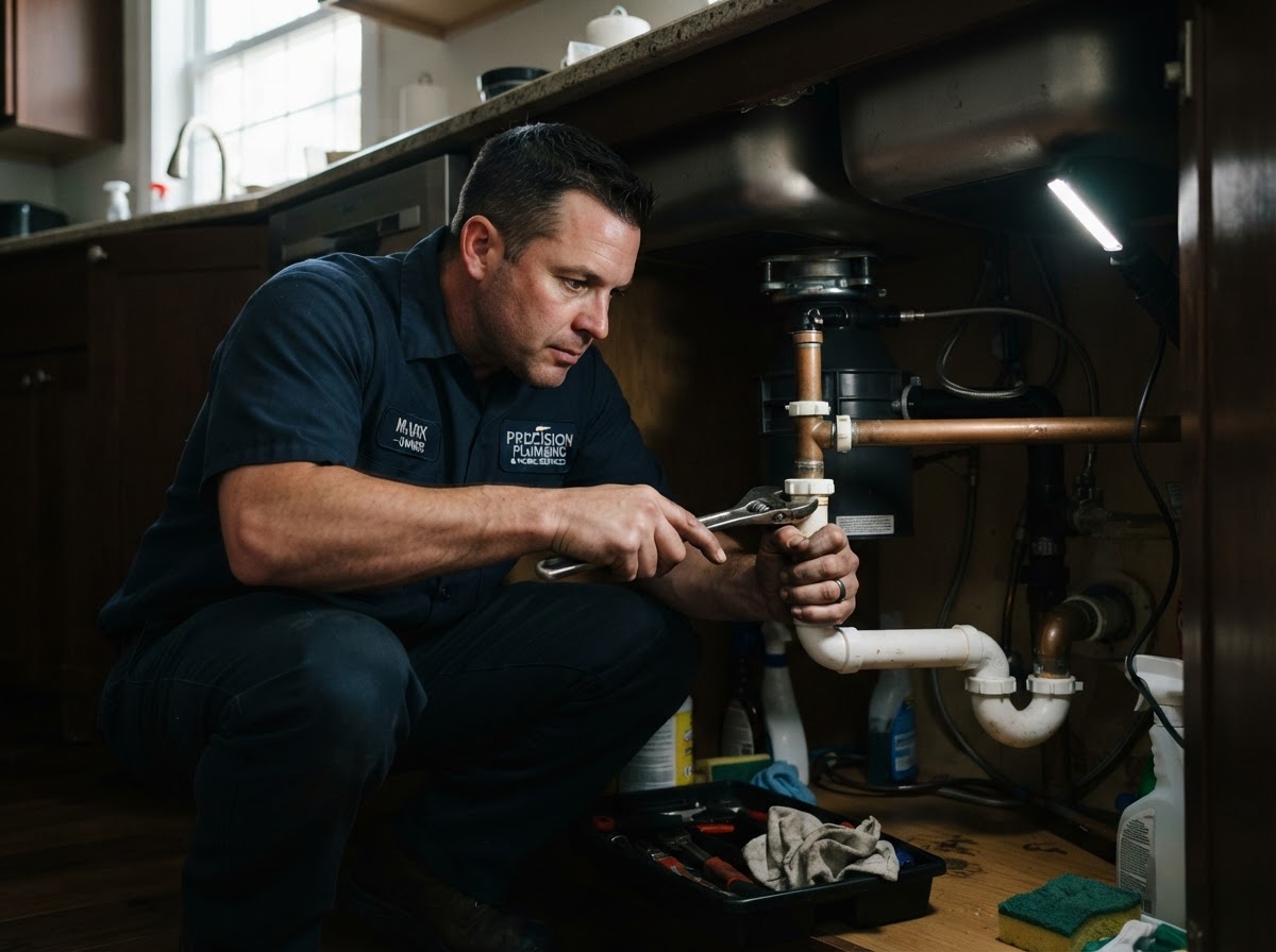 White male plumbing business owner in a navy work uniform crouching under a kitchen sink working on pipes
