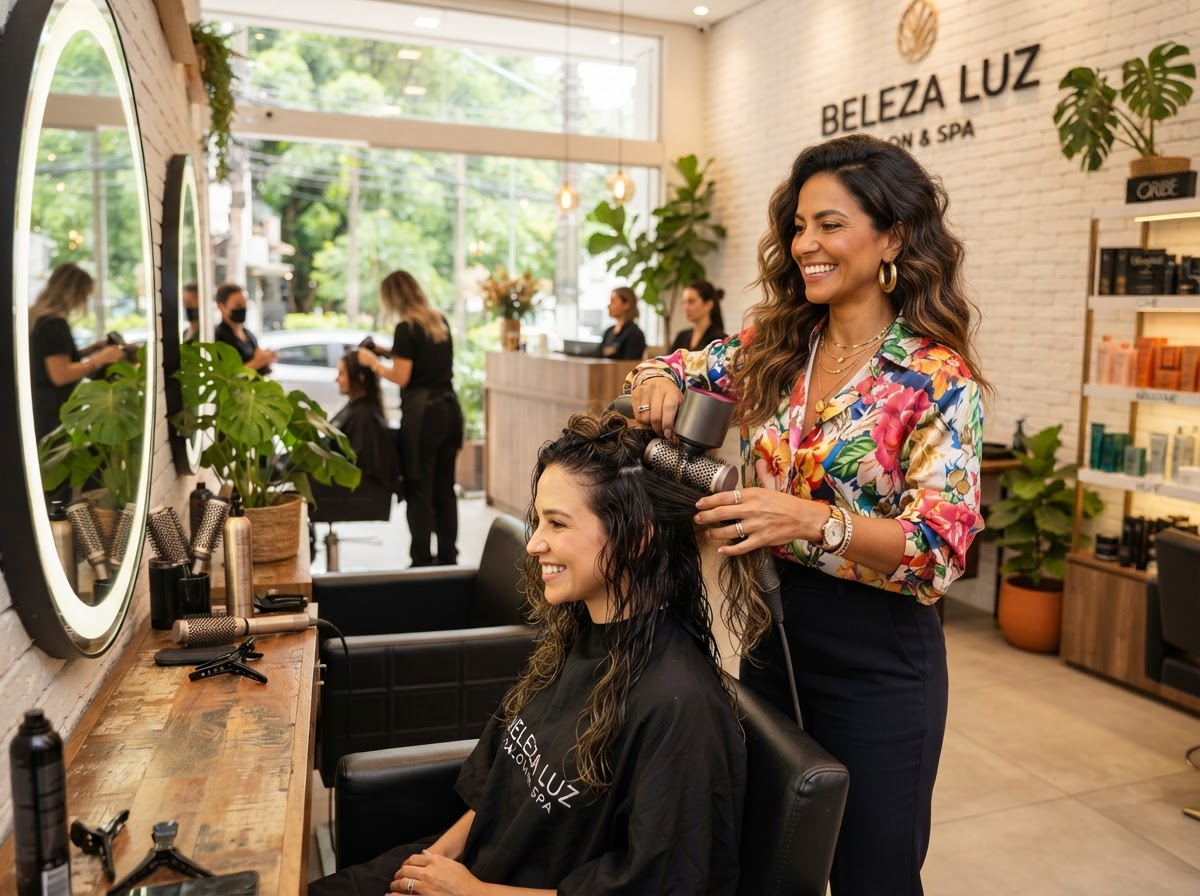 Brazilian female salon and wellness spa owner in fun colorful vibrant attire