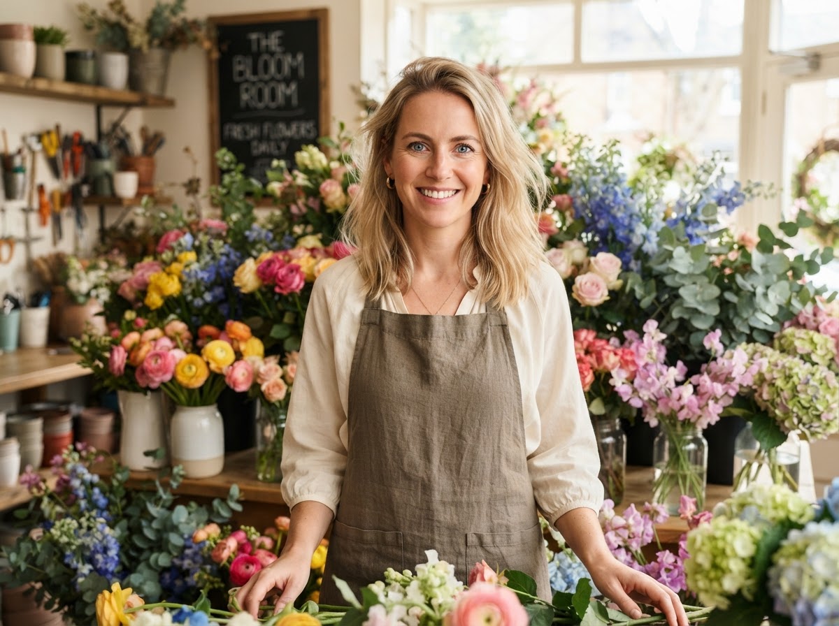Blonde blue-eyed female florist shop owner among fresh flowers