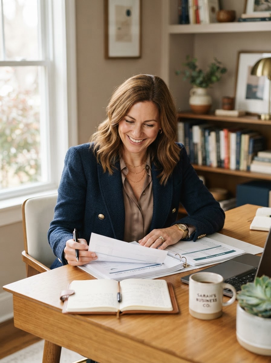 A business owner reviewing financial documents at a clean desk
