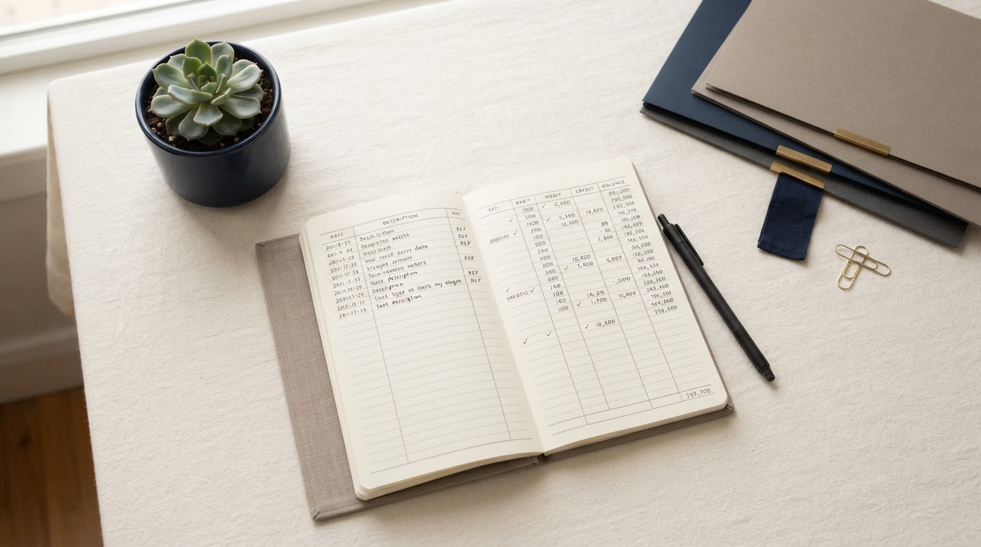 An organized bookkeeping workspace with a notebook and folders