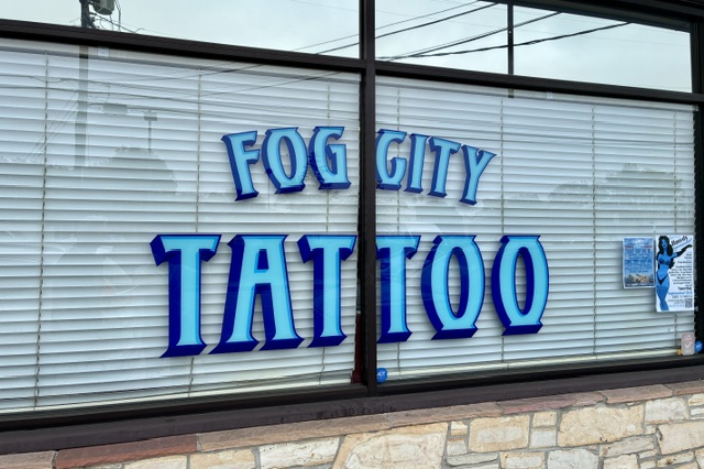 Fog City Tattoo window lettering at Seabright Plaza