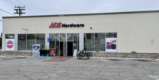 Ace Hardware storefront and parking lot at Seabright Plaza