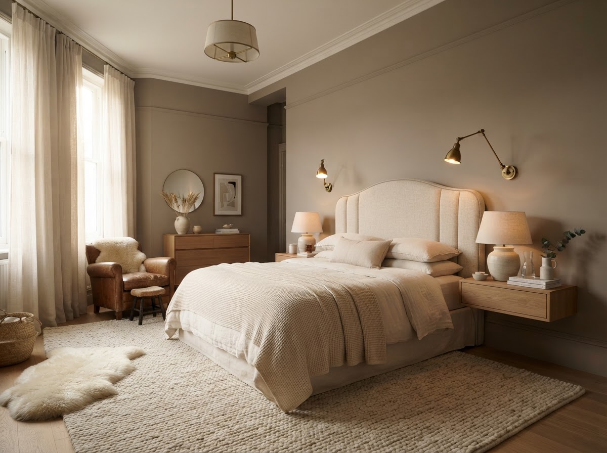 A serene primary bedroom in warm blush and marble tones with soft morning light