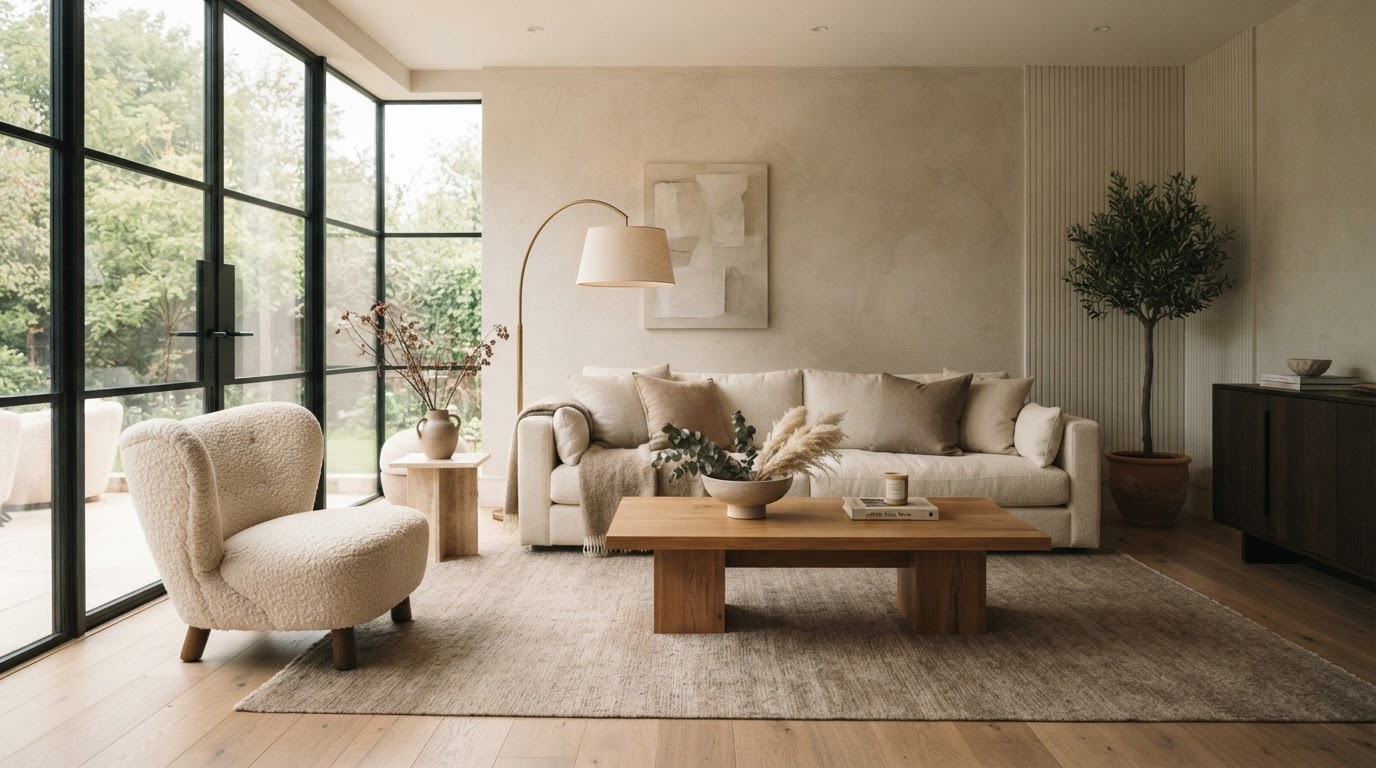 A warm, editorial living room styled by Champion Interiors in soft blush and marble tones