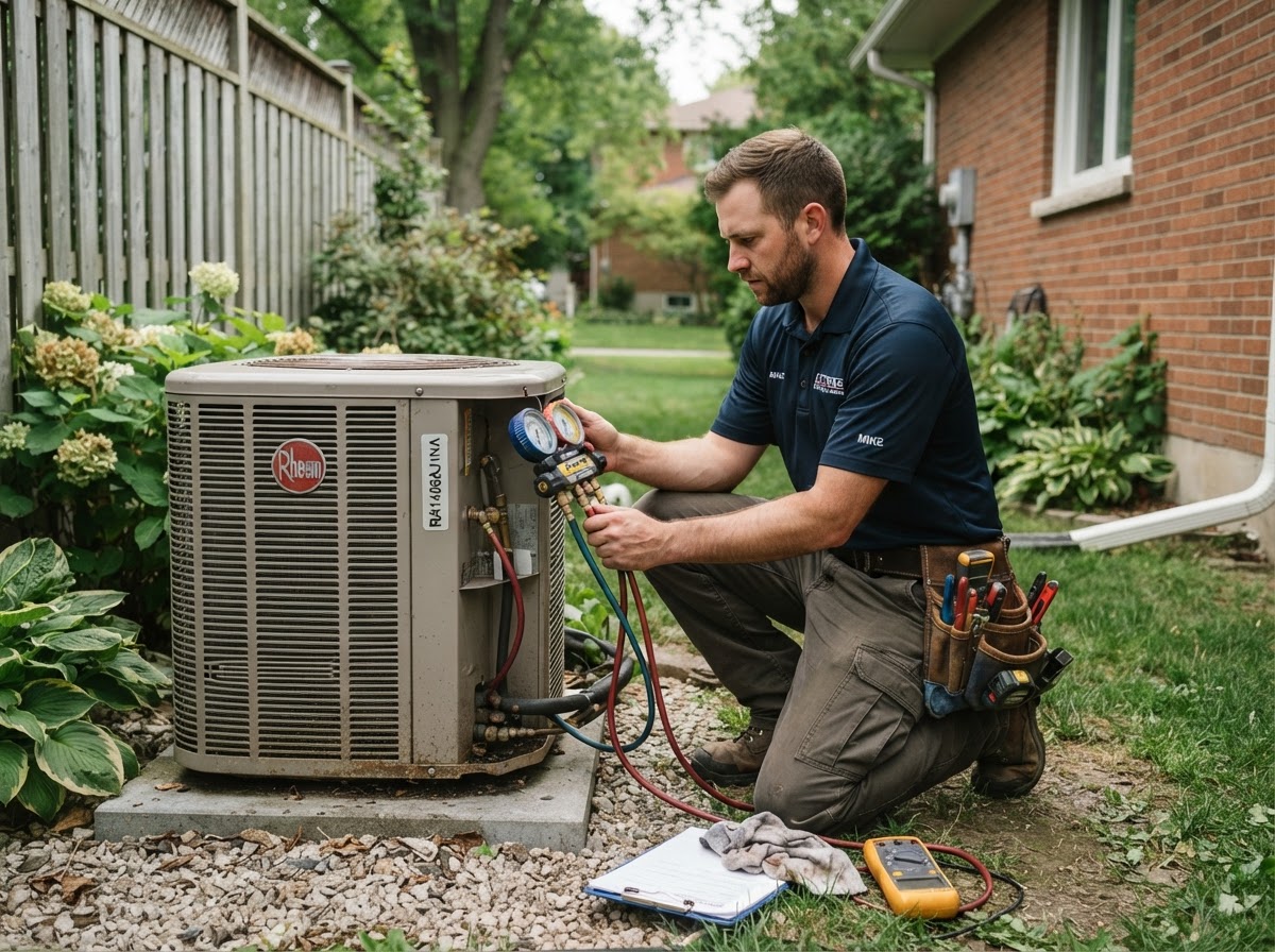 HVAC technician servicing an outdoor air conditioning condenser unit