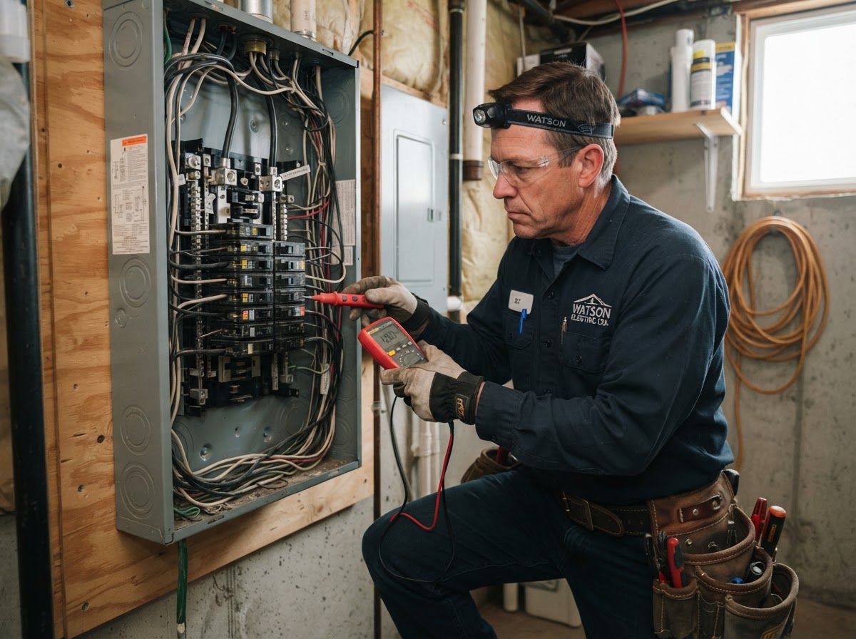 Electrician testing an open residential electrical panel