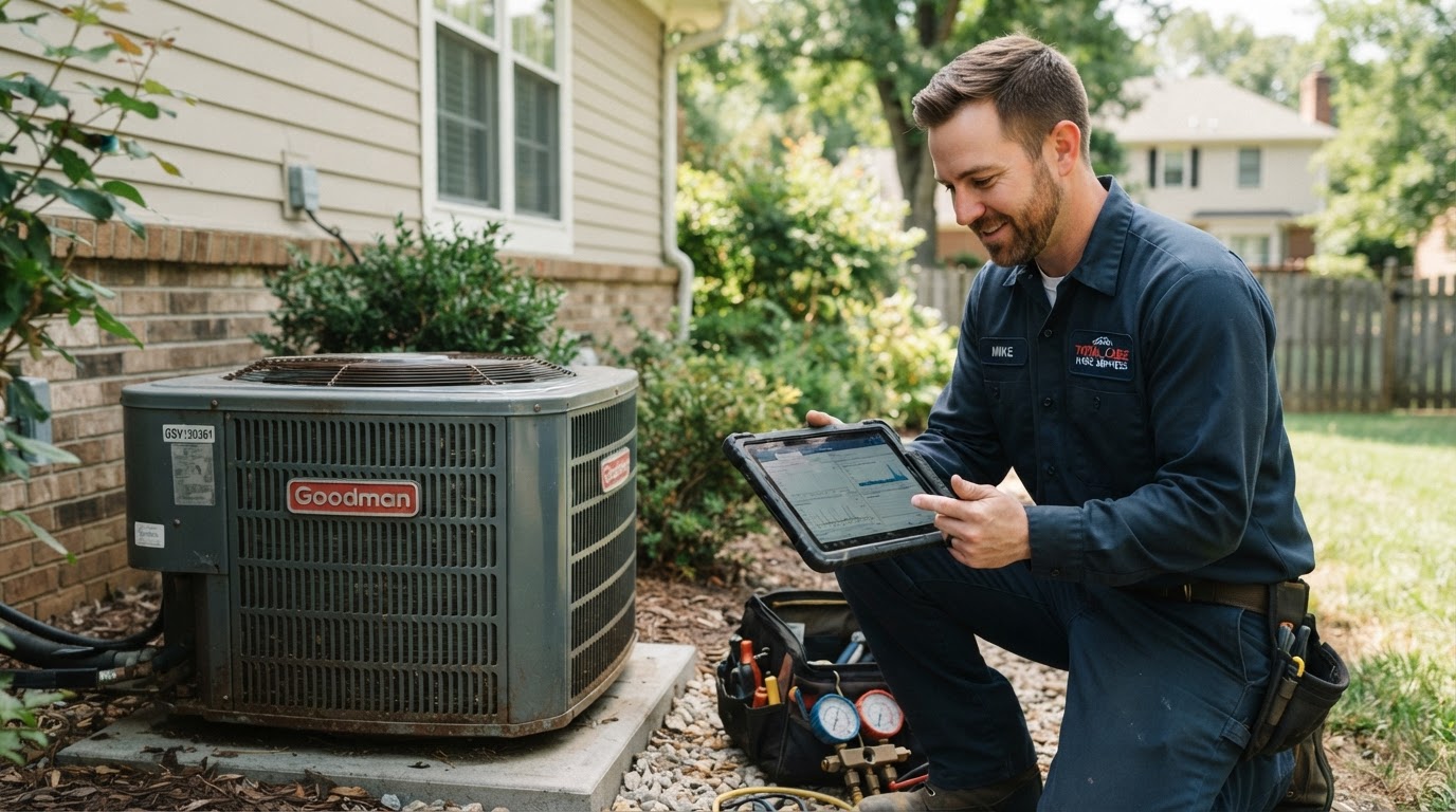 HVAC technician reviewing work near a service unit