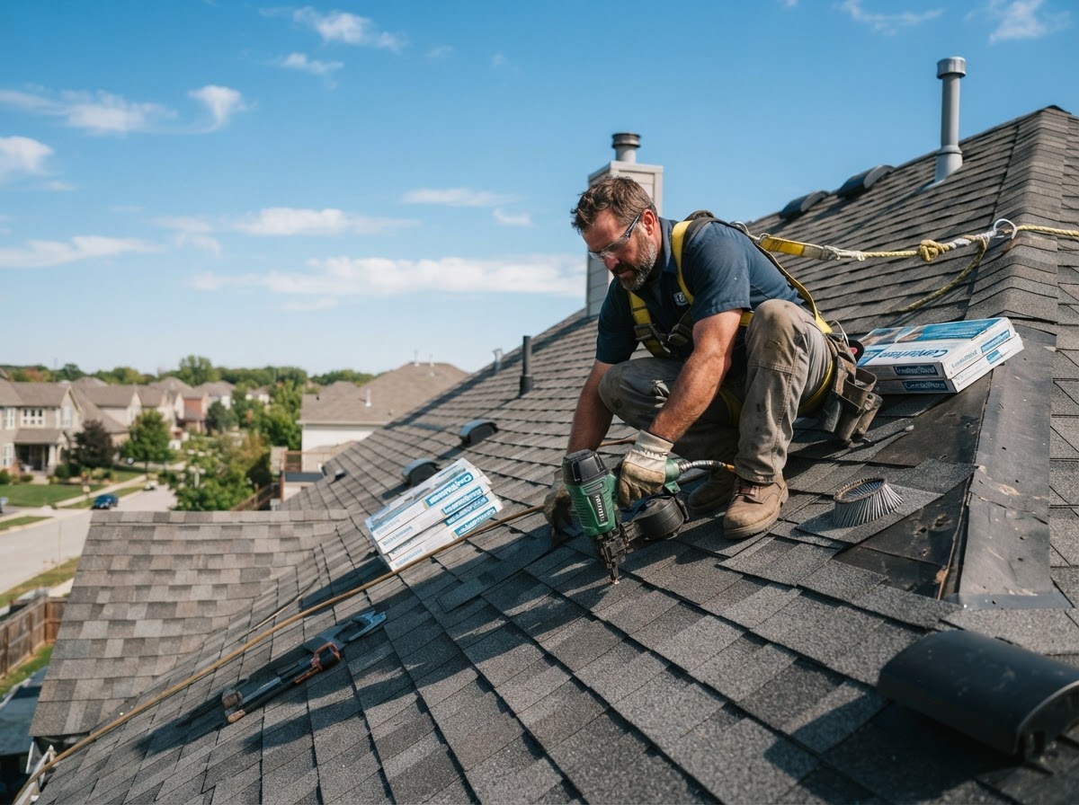 Roofing contractor installing shingles on a residential roof