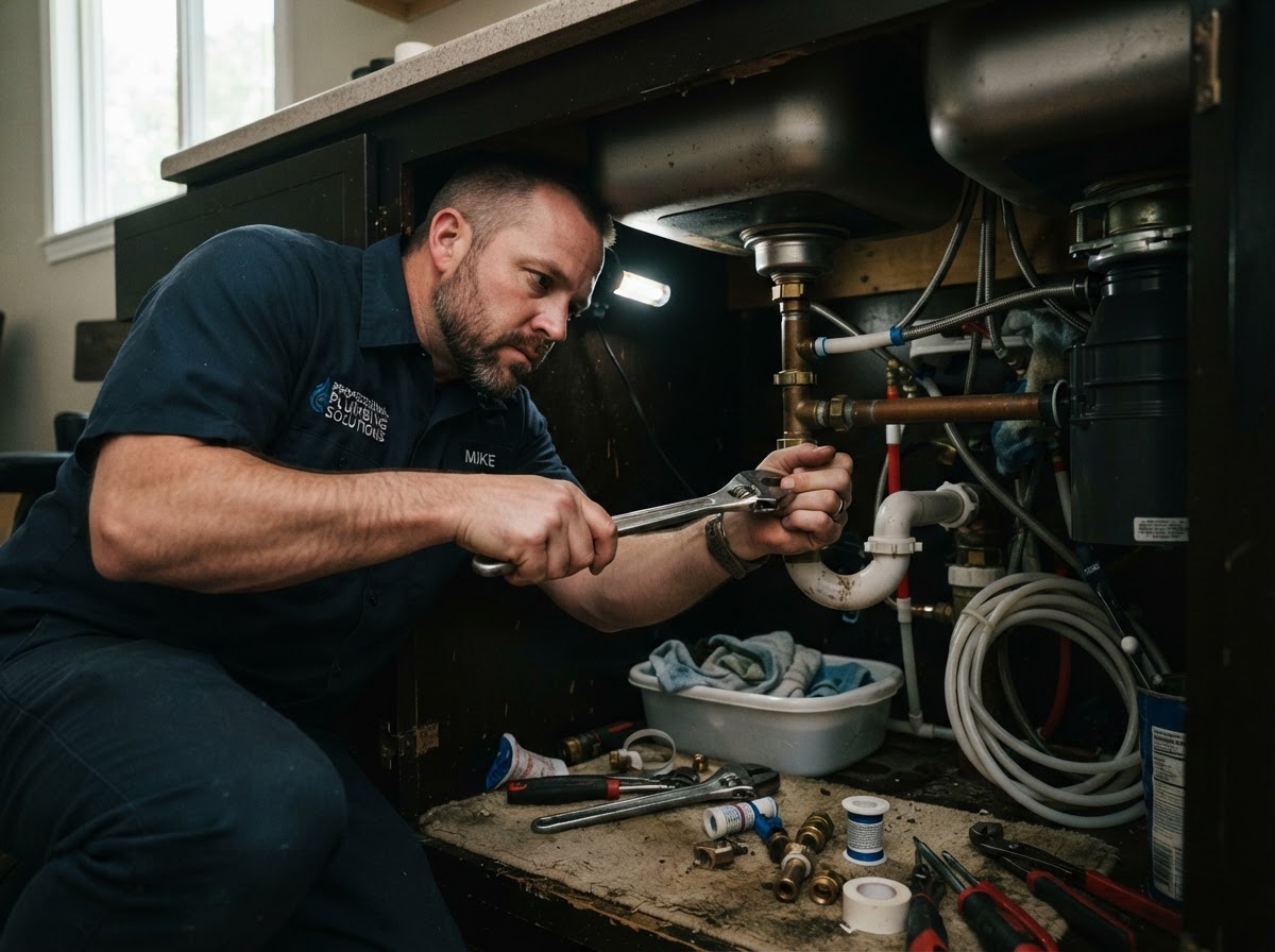 Plumber repairing pipes under a kitchen sink with a wrench