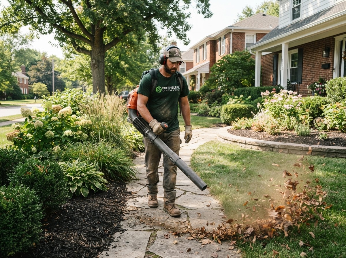 Landscaper maintaining a manicured residential front yard