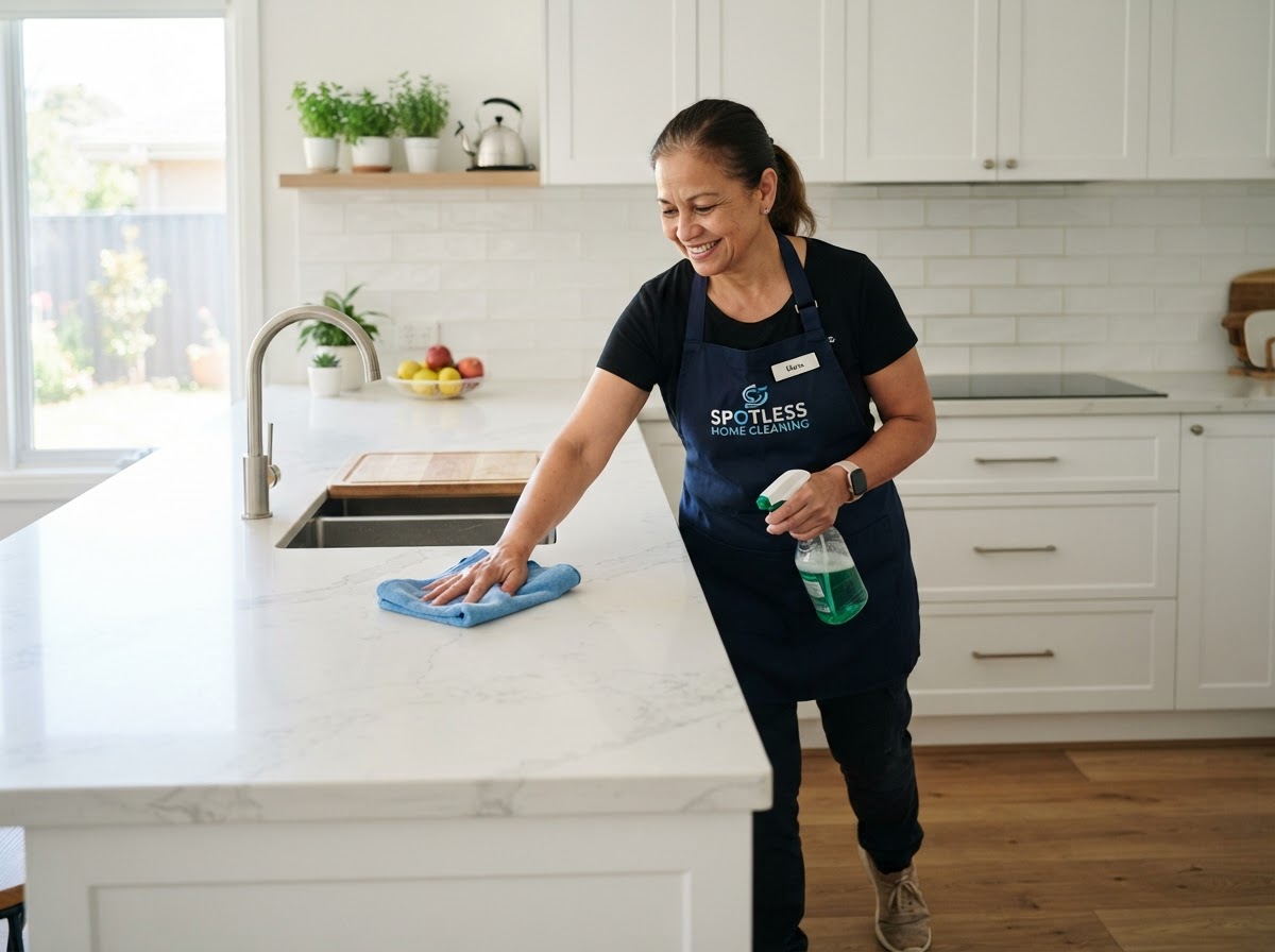 Cleaning service worker wiping down a kitchen countertop