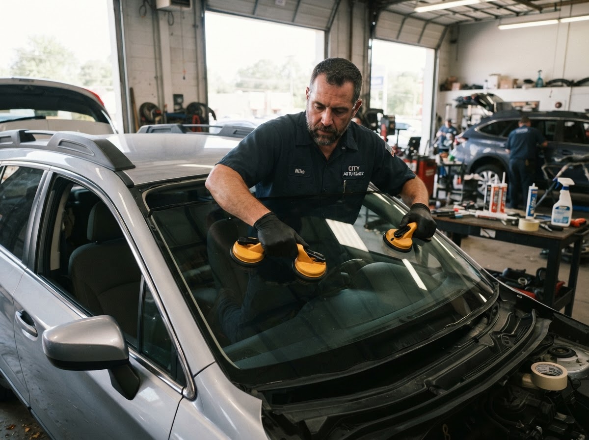 Auto glass repair technician replacing a car windshield