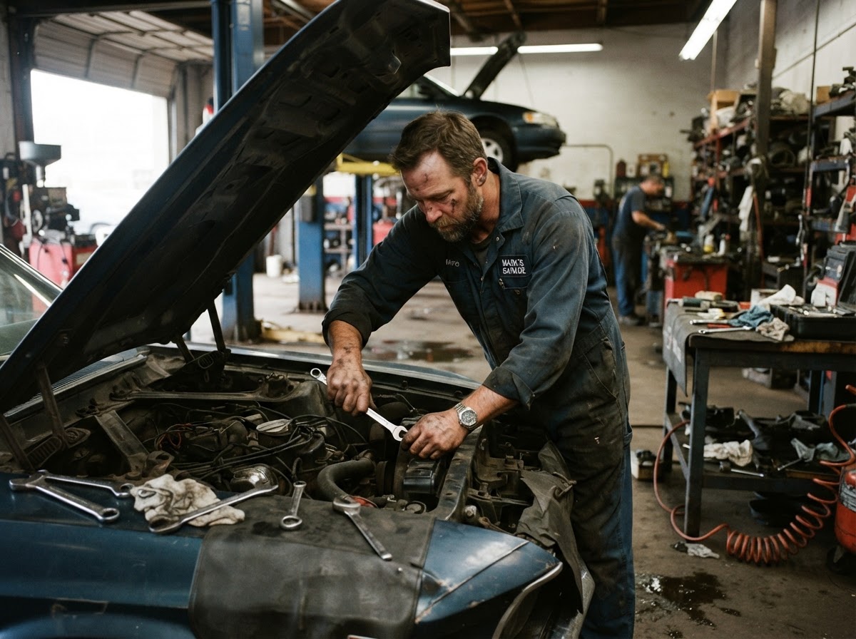 Auto repair mechanic working under the open hood of a car