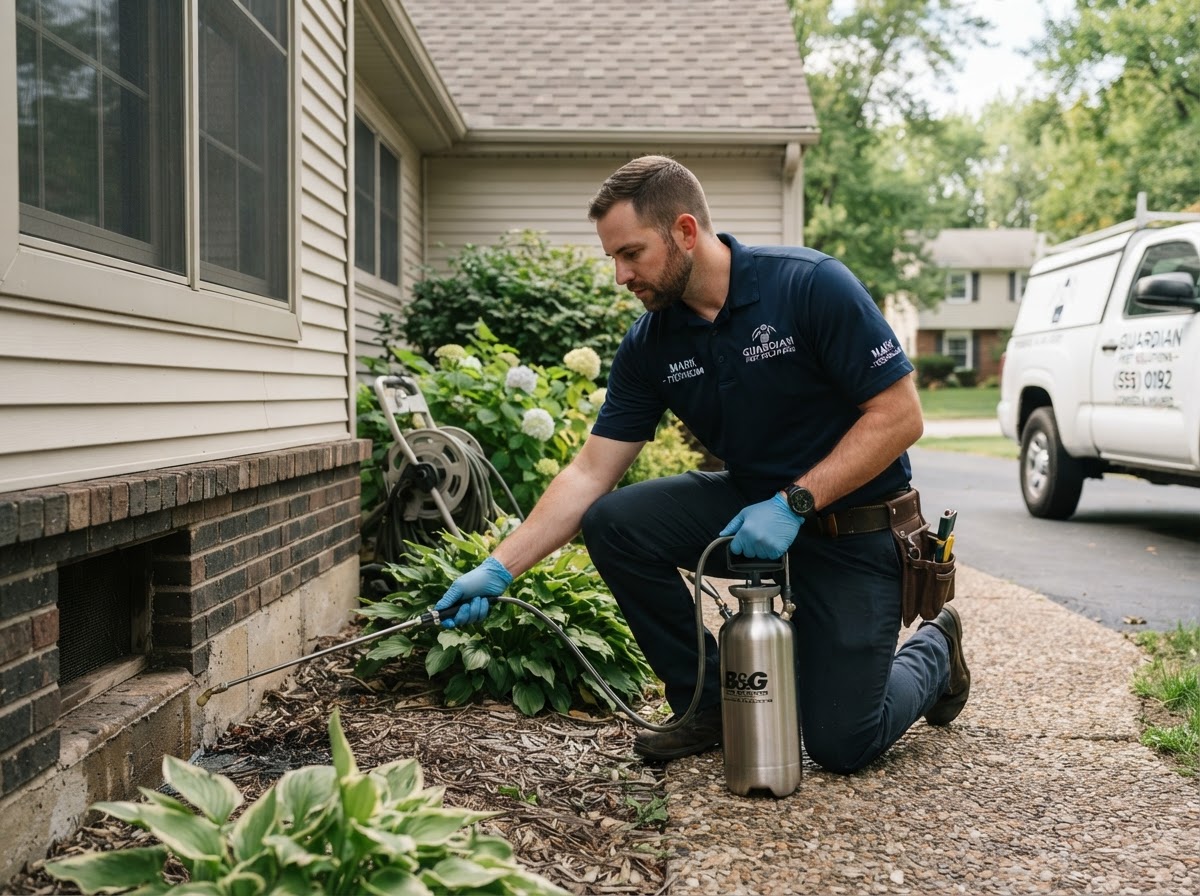 Pest control technician inspecting the exterior foundation of a home