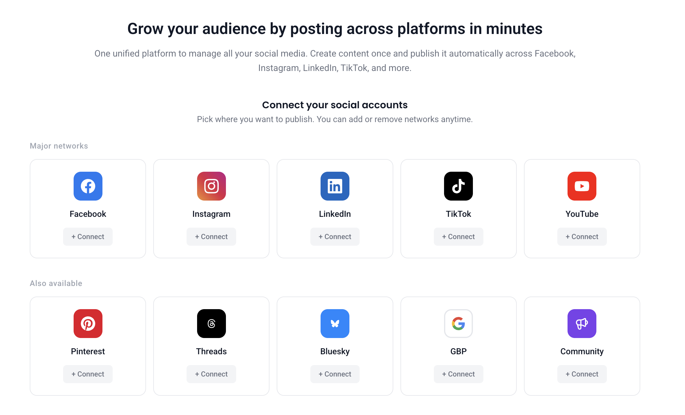 Supported social channel accounts that integrate with ExposurePro including Facebook, Instagram, LinkedIn, TikTok, YouTube, Pinterest, Threads, Bluesky and Google Business Profile