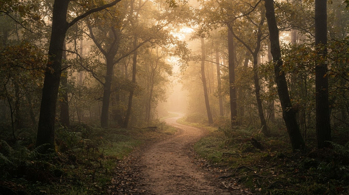 A misty pathway at sunrise
