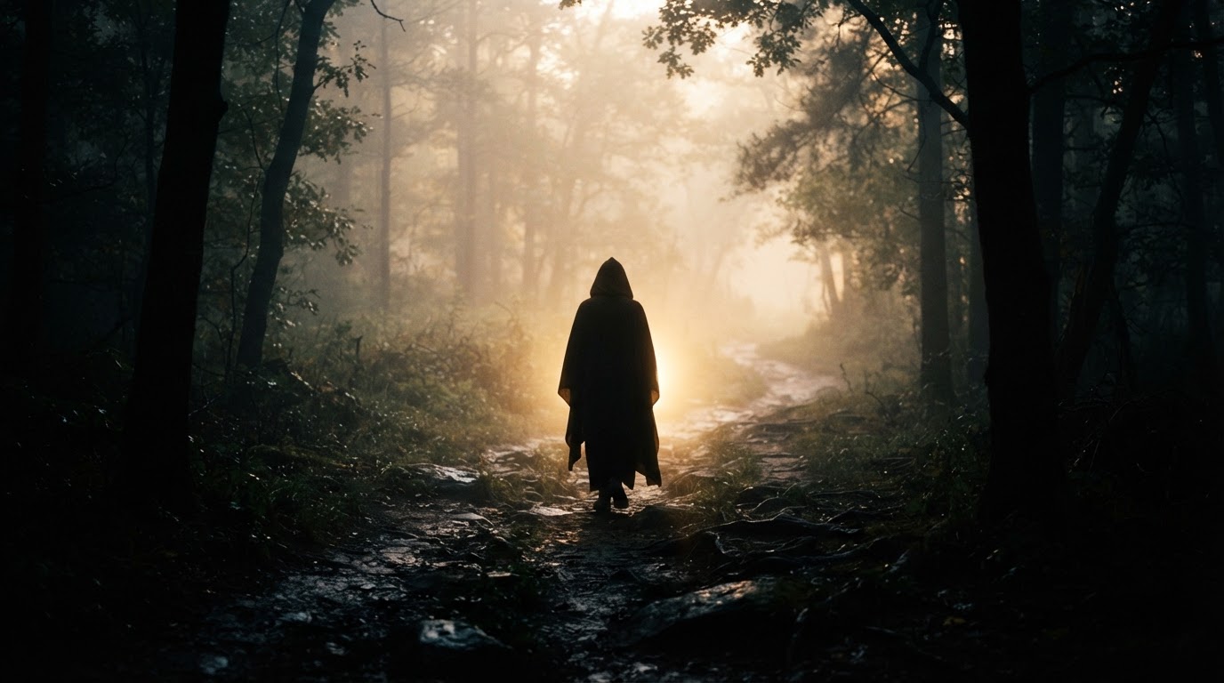 A figure moving through darkness toward warm light emerging from within