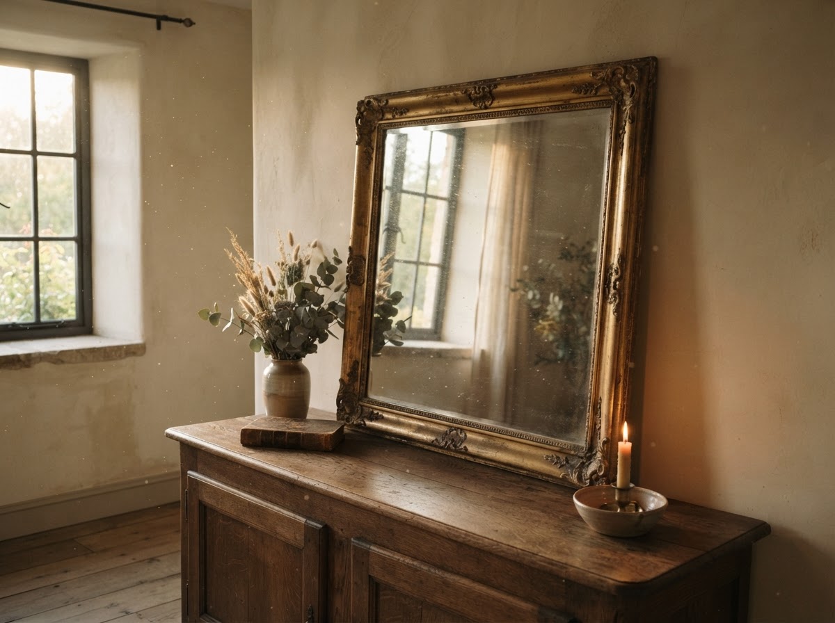 An antique mirror reflecting warm light