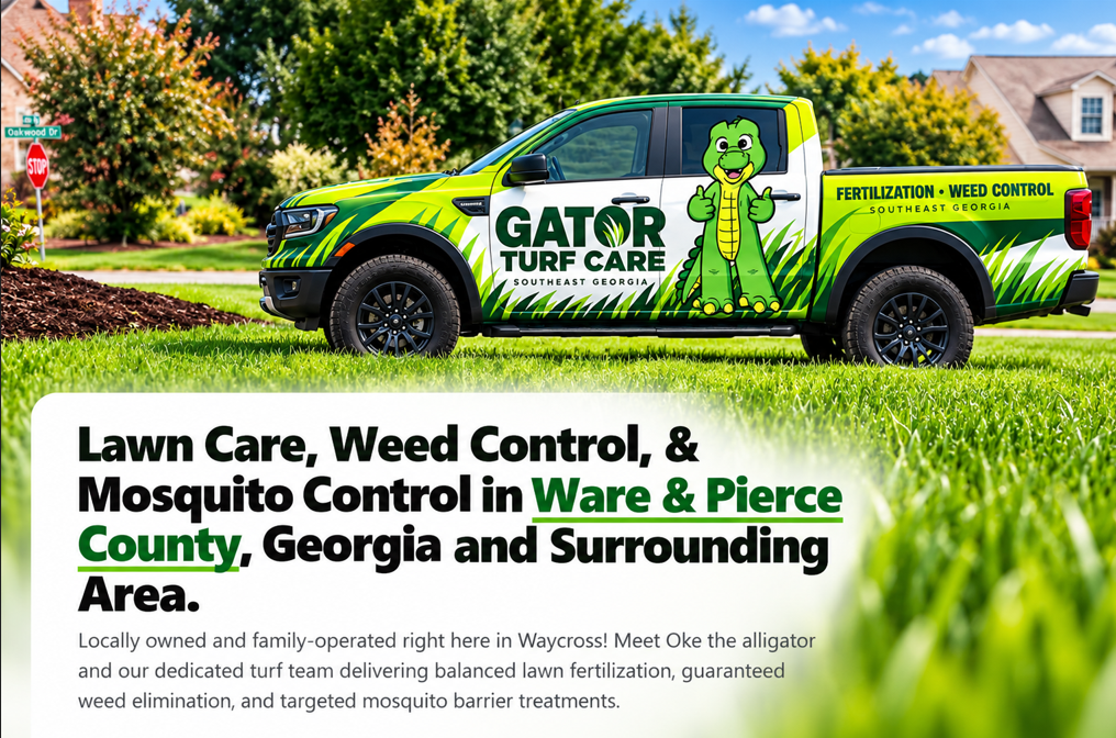 Gator Turf Care wrapped truck in Southeast Georgia neighborhood with Oke the alligator mascot