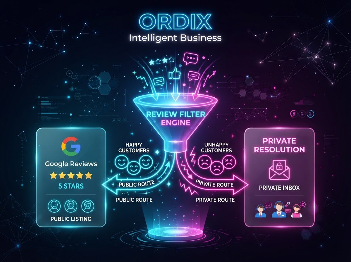 Illustration of ORDIX review filtering system routing happy customers to public Google reviews and unhappy customers to private resolution