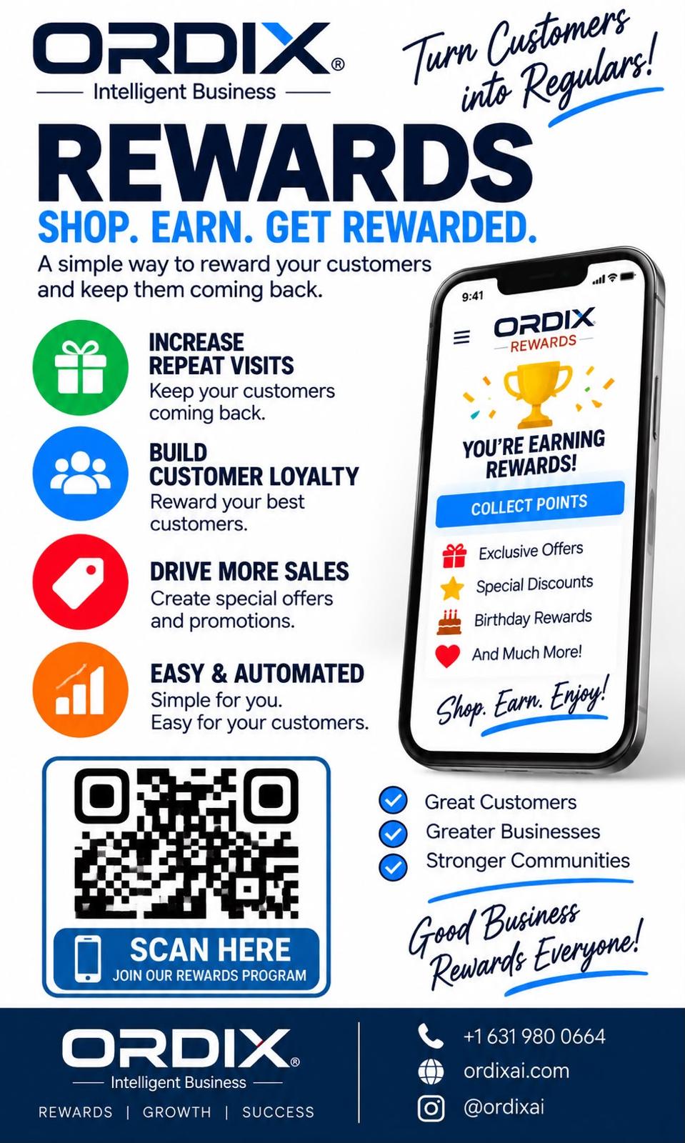 ORDIX Intelligent Business Rewards Program Poster - Turn Customers into Regulars, Shop Earn Get Rewarded