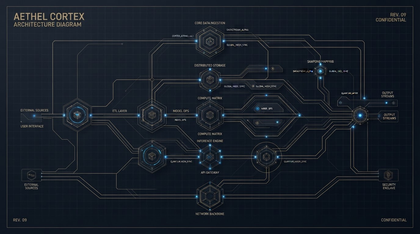 Abstract system architecture blueprint with connected nodes and workflow pathways
