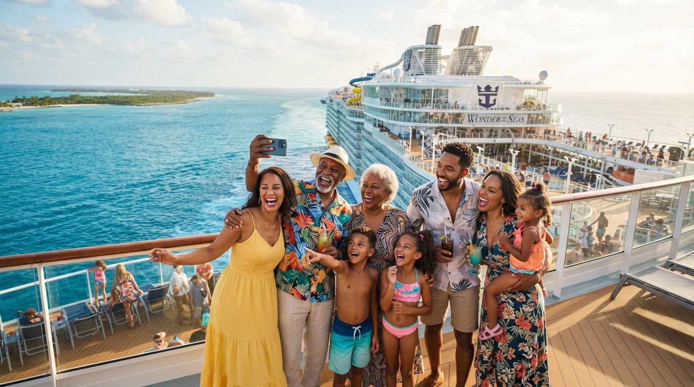 A joyful multigenerational African American family celebrating together on the deck of Wonder of the Seas sailing through Caribbean waters