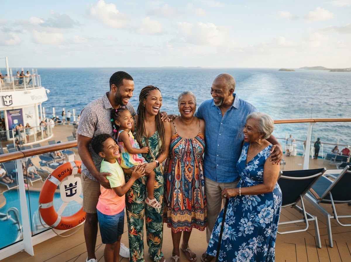 A multigenerational African American family laughing together on the open deck of a cruise ship
