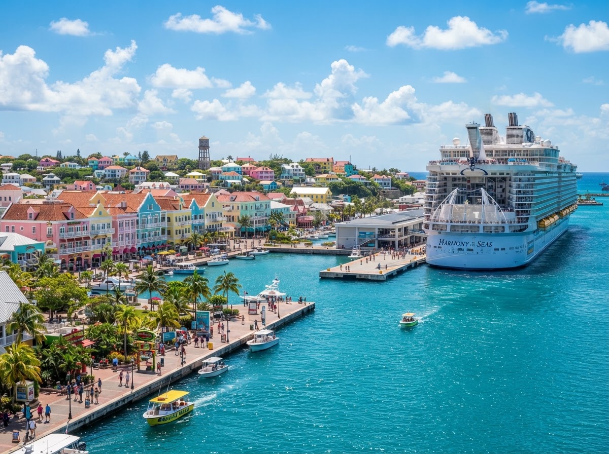 Nassau, Bahamas waterfront with colorful buildings and a cruise ship docked in the harbor