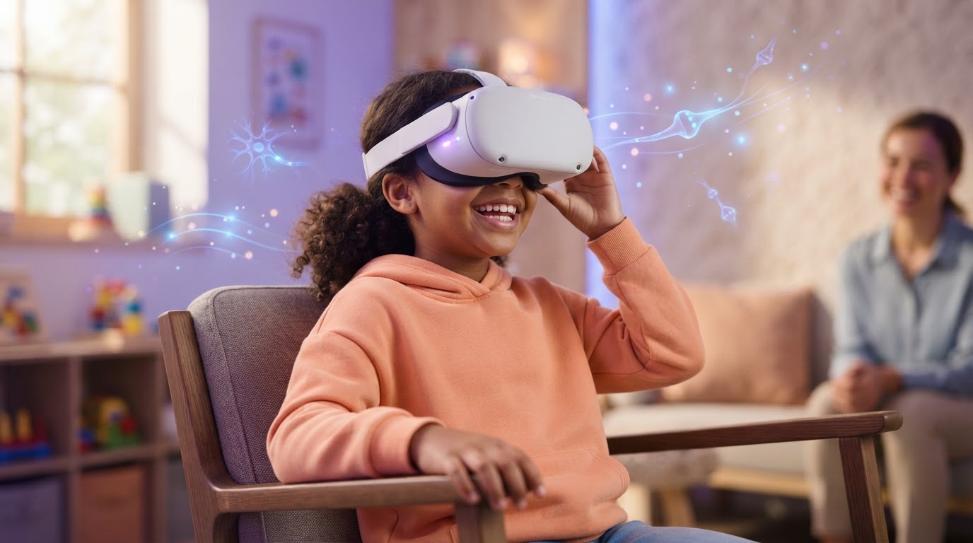 Niño sonriendo con visor de realidad virtual durante una evaluación neuropsicopedagógica