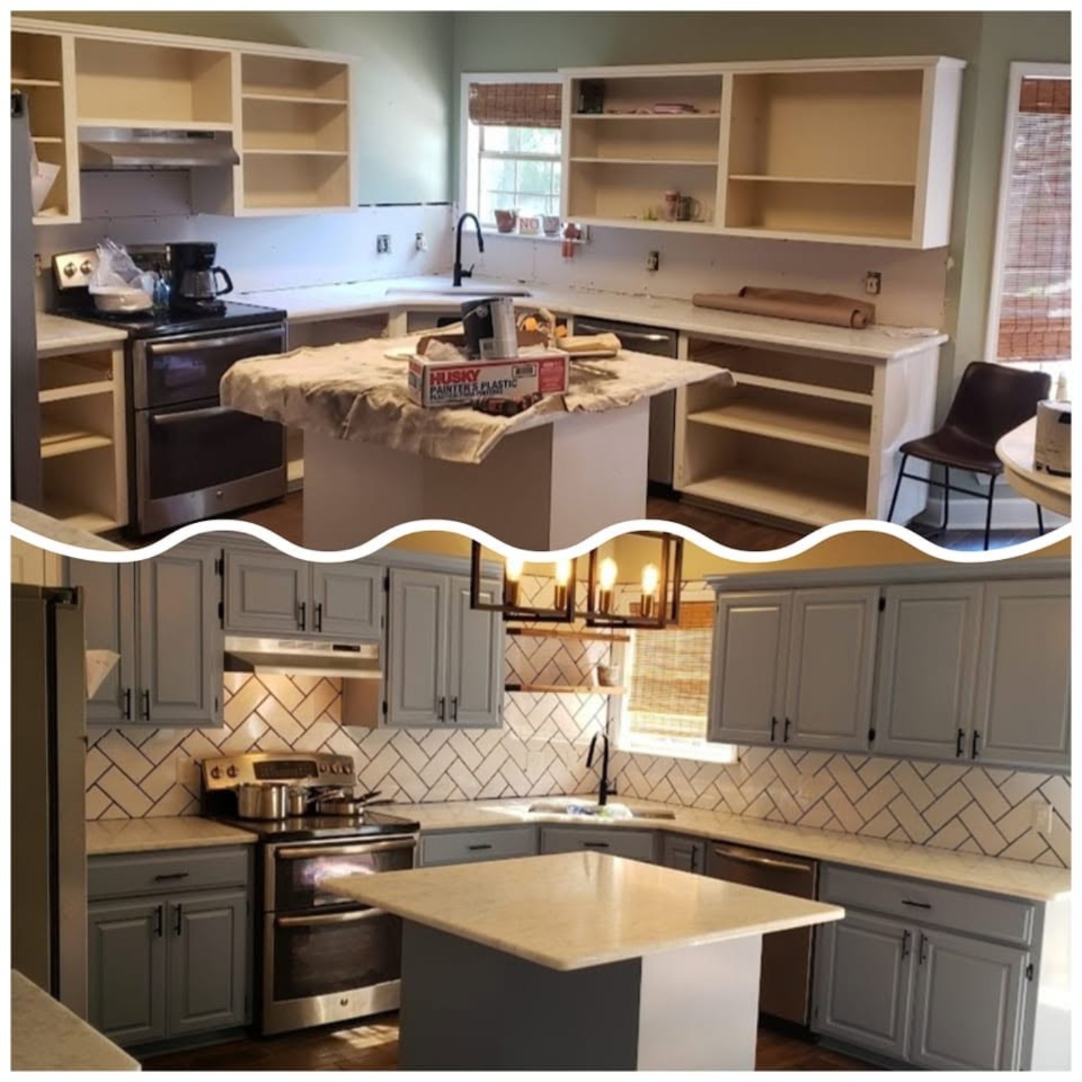 Kitchen cabinet makeover in-progress prep and completed modern gray cabinets