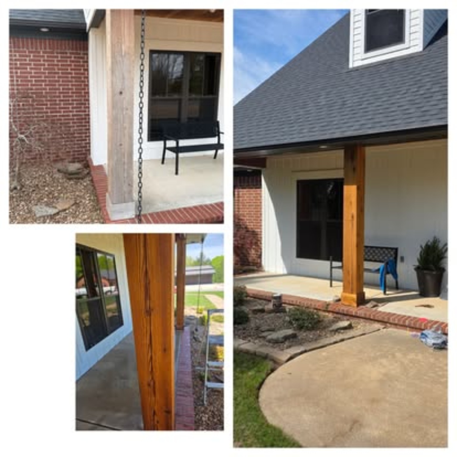 Porch columns restoration collage showing raw wood, detail staining, and finished rich stained cedar columns