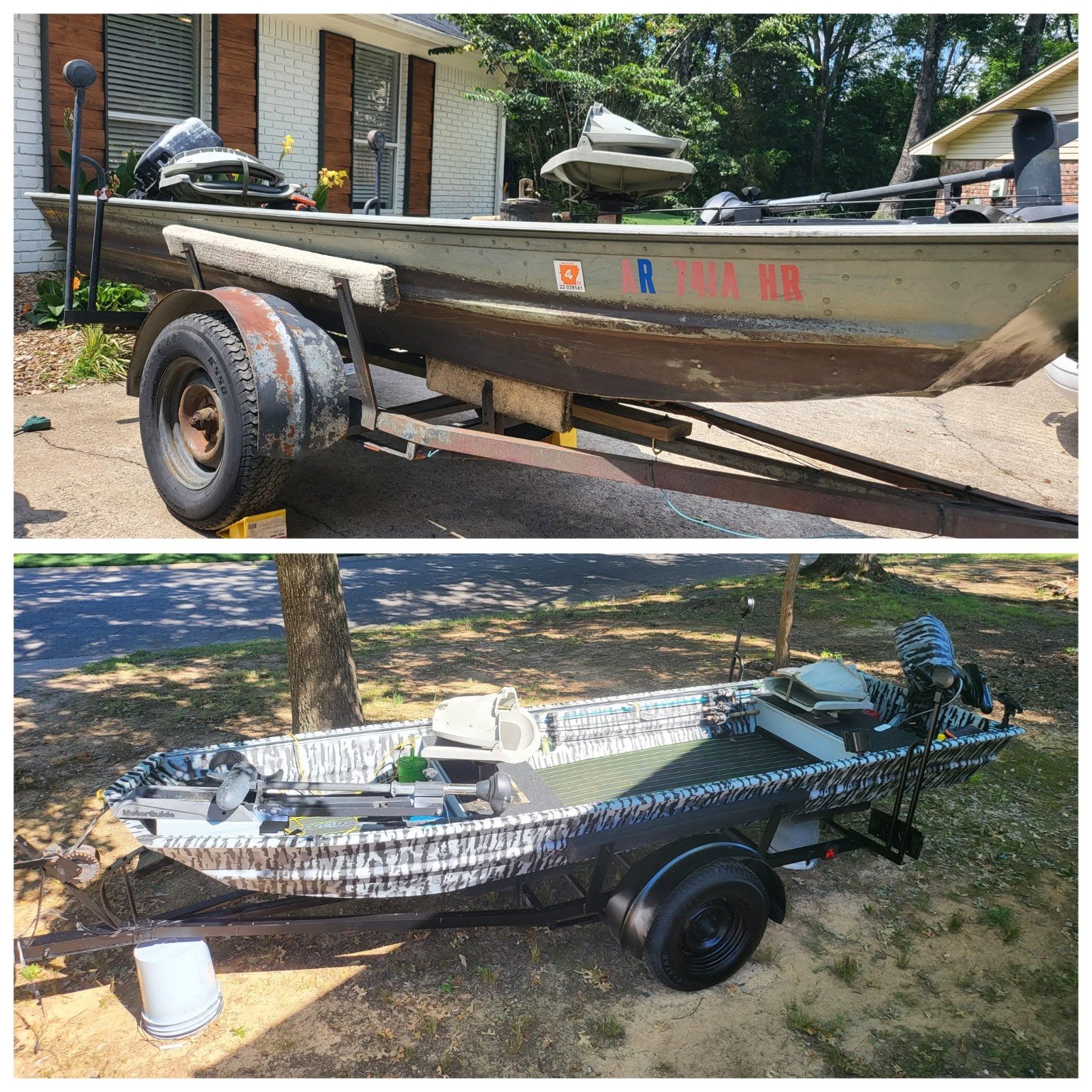 Custom camouflage painted boat with before and after comparison