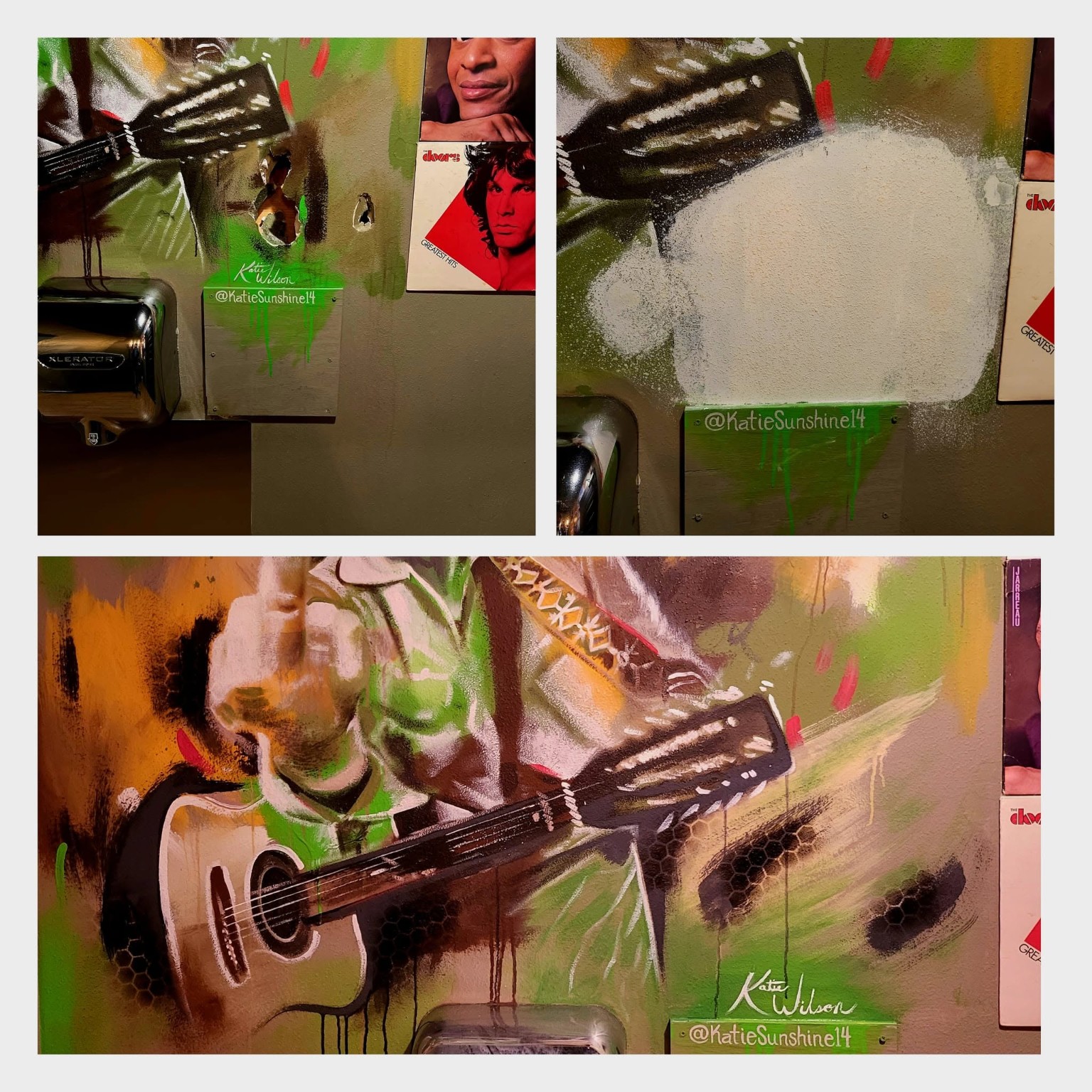 Guitarist musician wall mural damage repair step-by-step and completed artwork