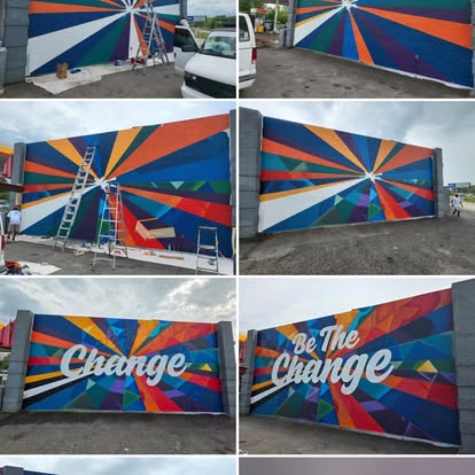 Be The Change multi-stage mural progress grid from primer to lettering