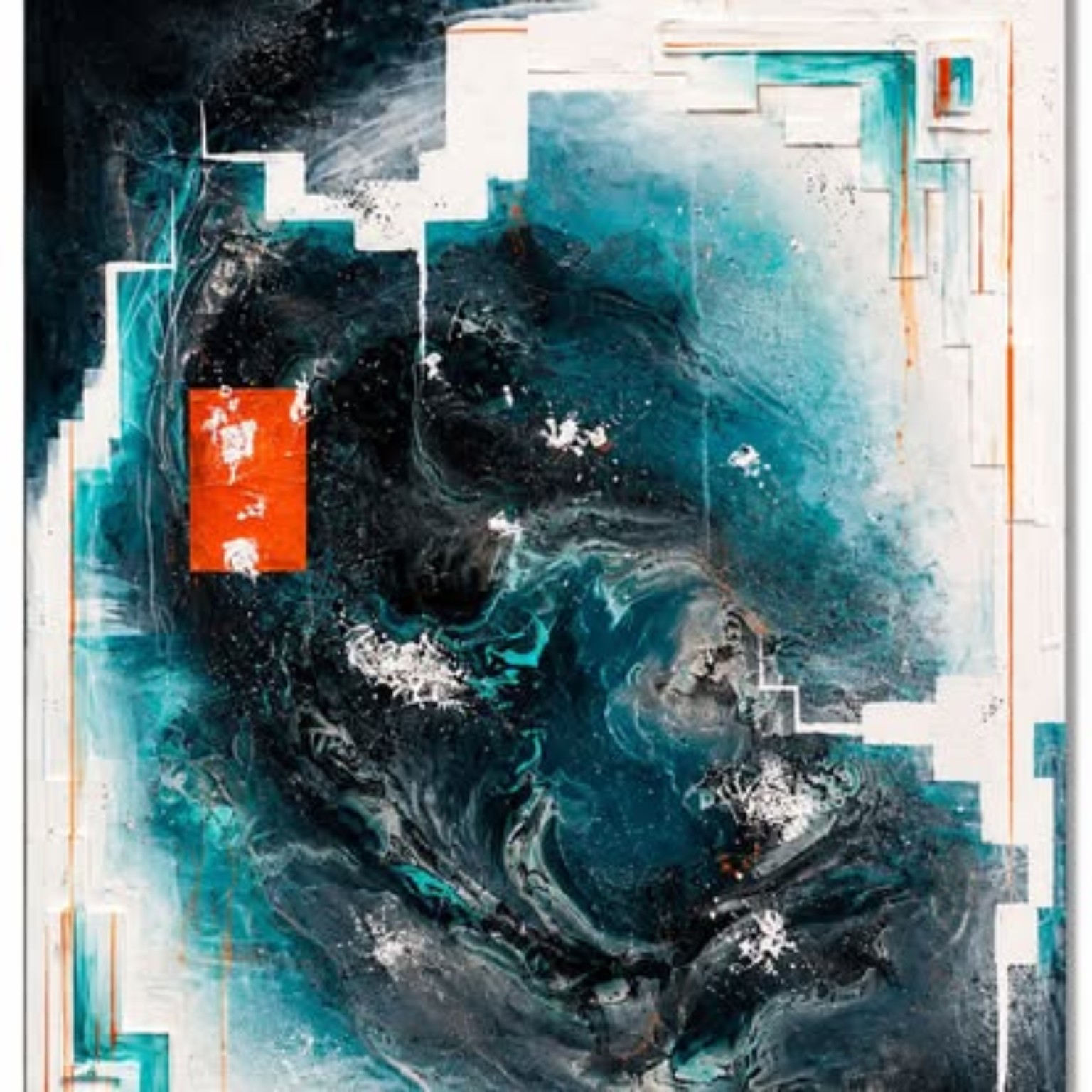 Abstract canvas featuring teal, black, white and orange textures with geometric relief border