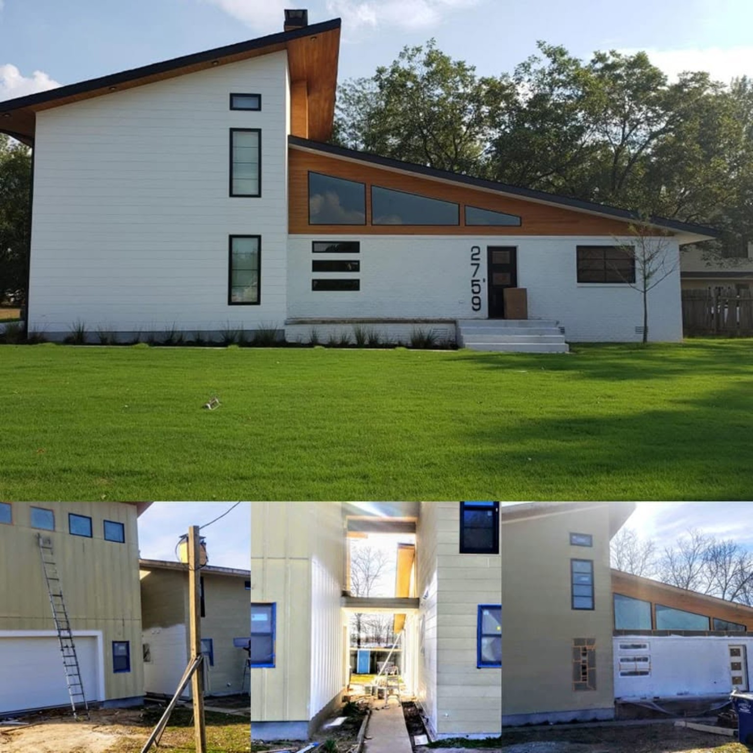 Modern white home exterior with green lawn and in-progress painting stages below
