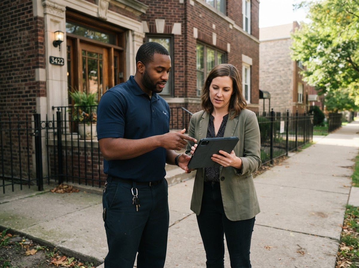 A service professional and property manager reviewing a maintenance checklist at a residential property