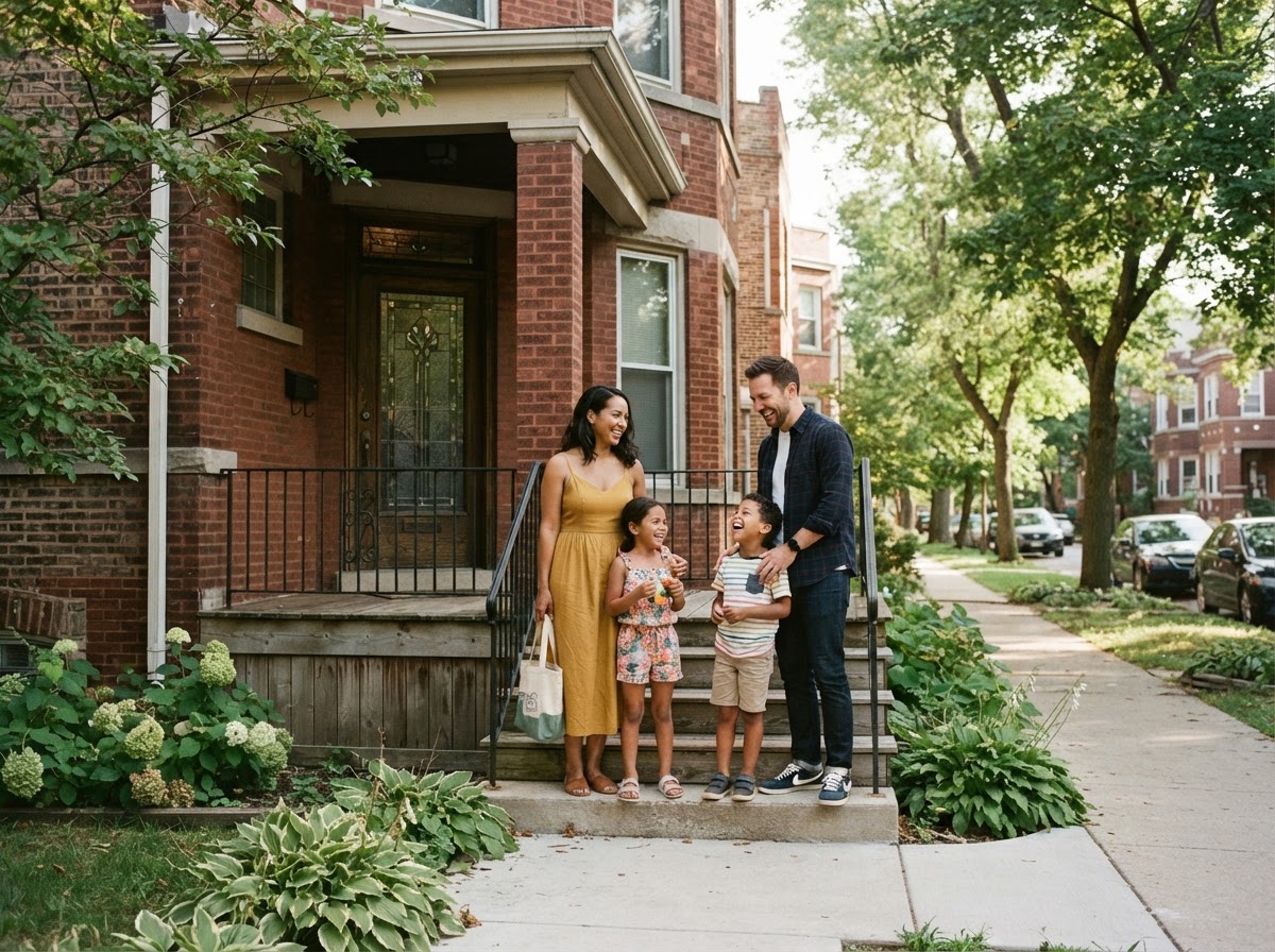A family outside a Chicago-style brick home