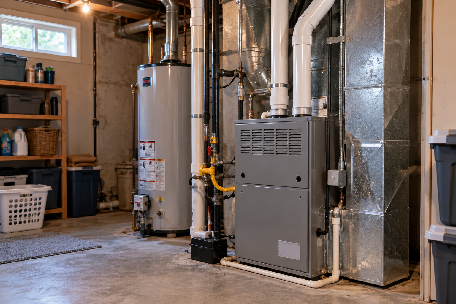 Residential furnace and heating equipment in a clean basement utility space