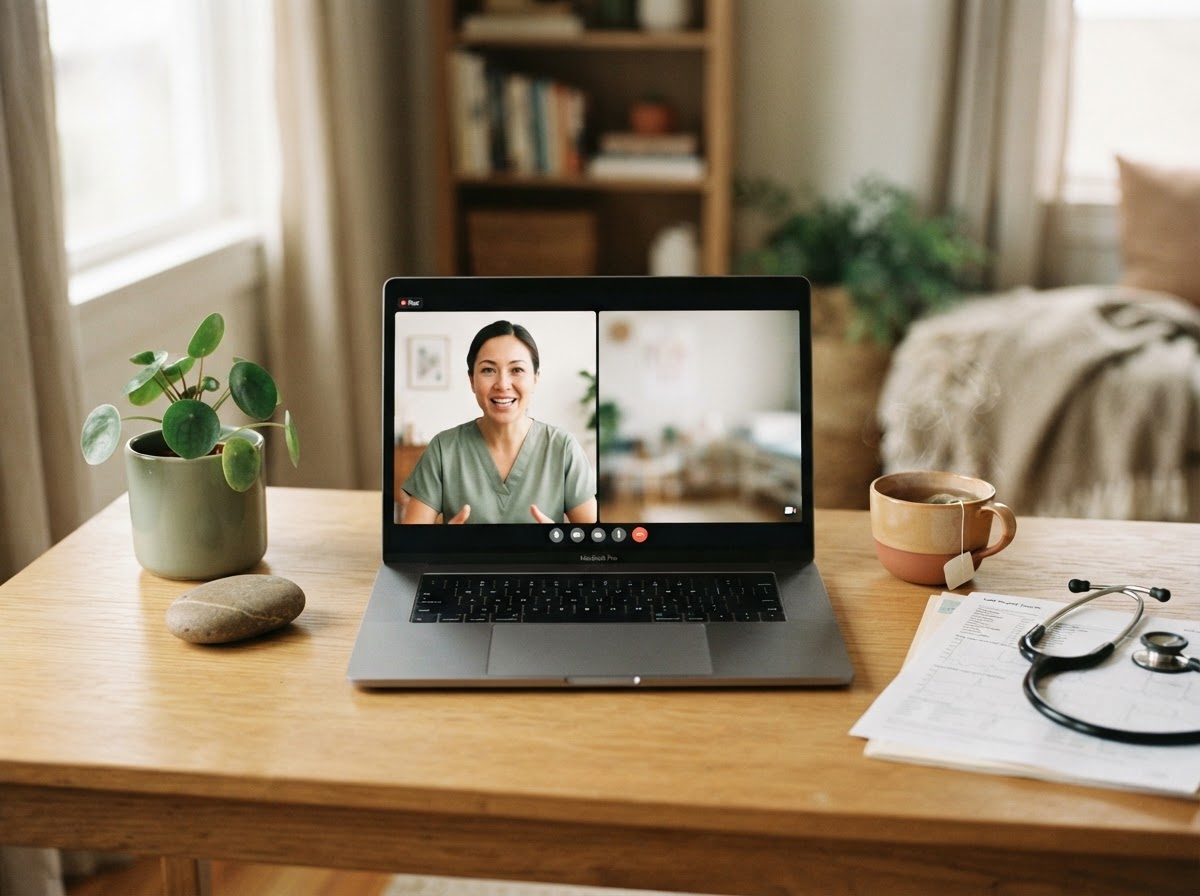 A virtual telehealth setup with lab results and a stethoscope - PreciMed's connected, remote care