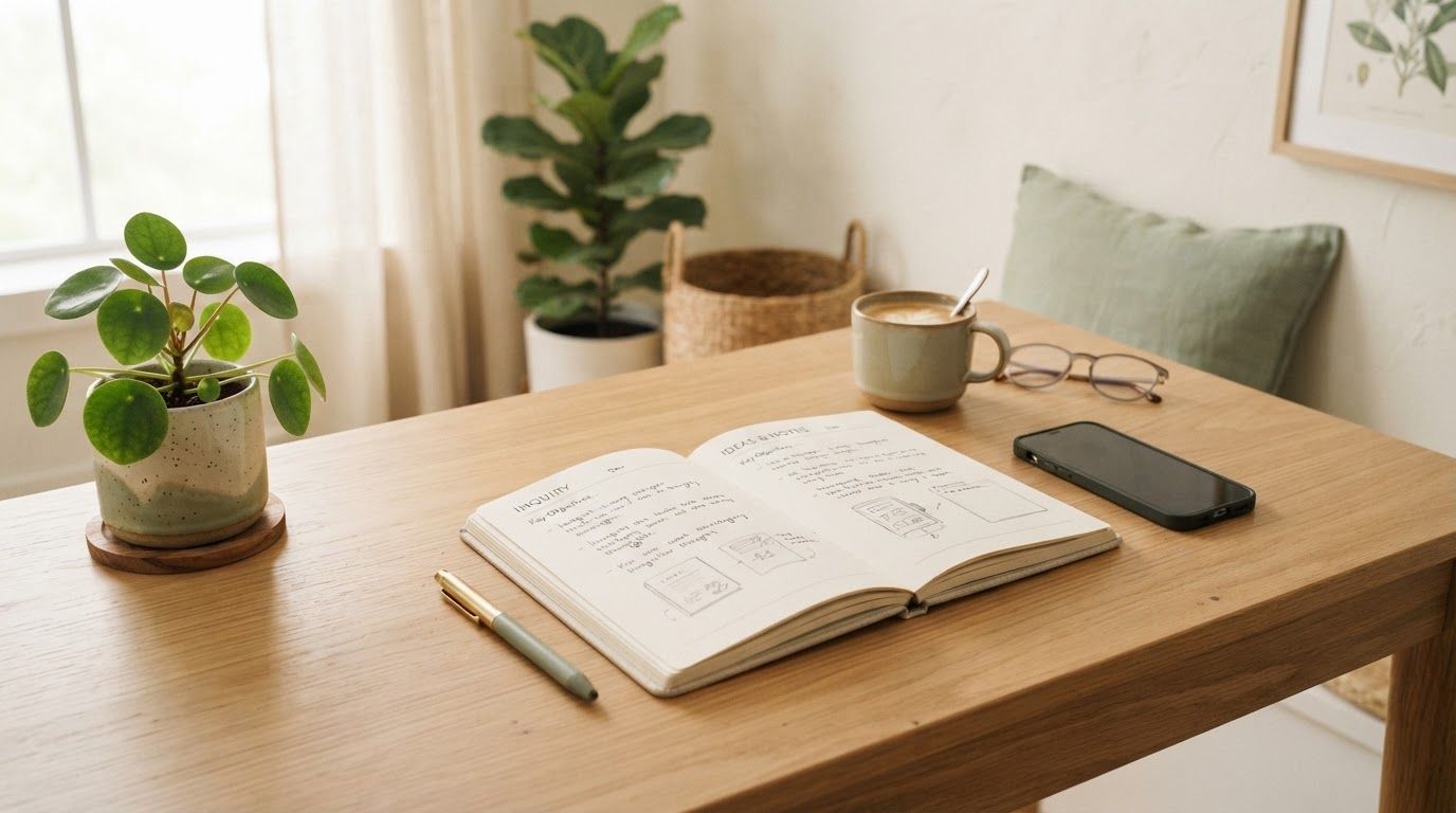 A calm desk with a notebook and phone ready for your inquiry