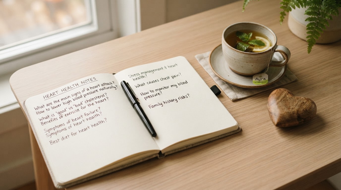 An open journal and tea inviting questions about heart health