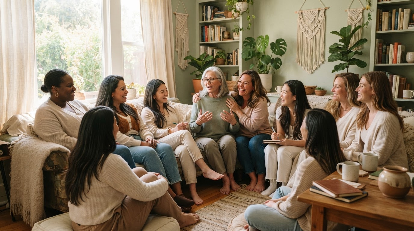 A supportive group of women gathered together in a sunlit room