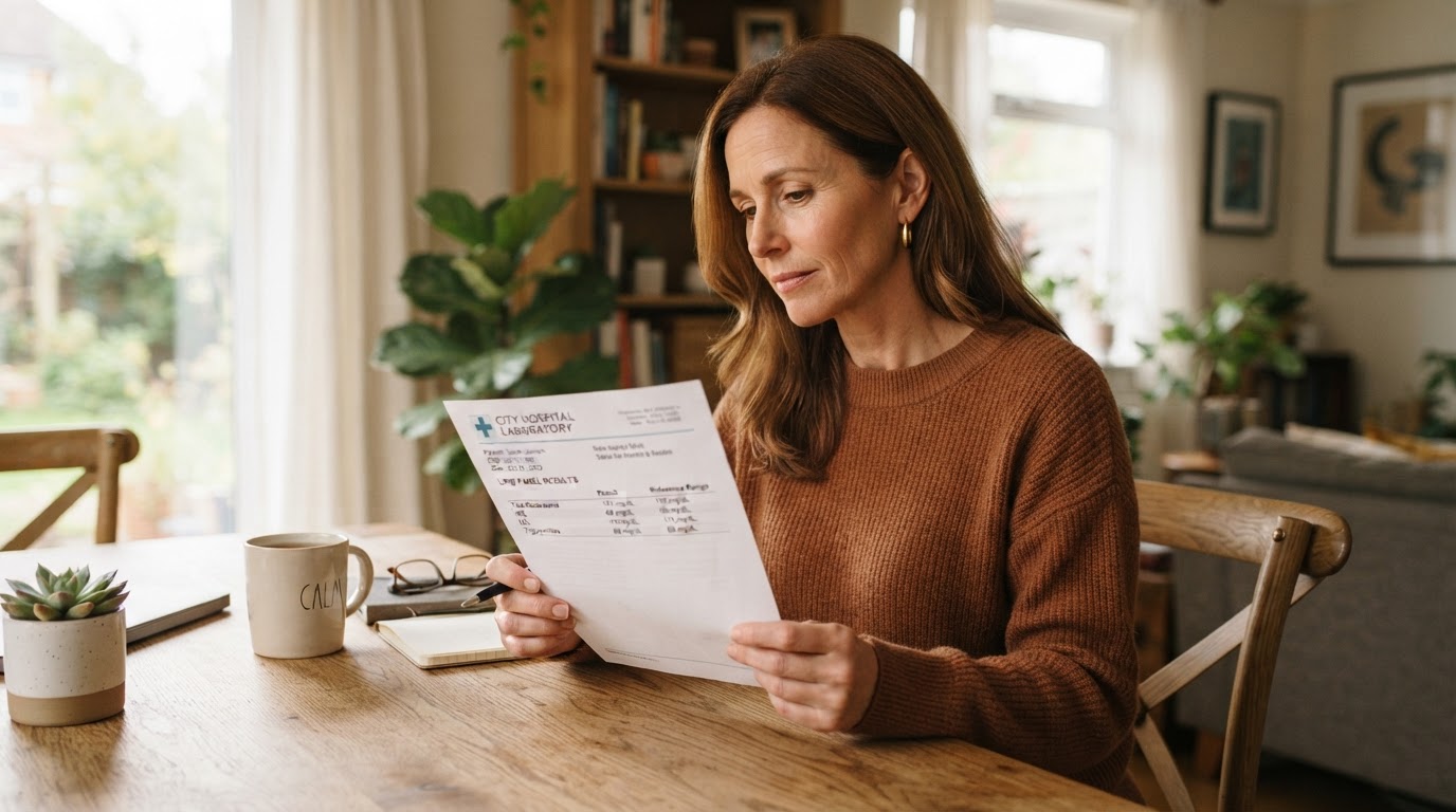 A woman reviewing her cholesterol lab results thoughtfully at home