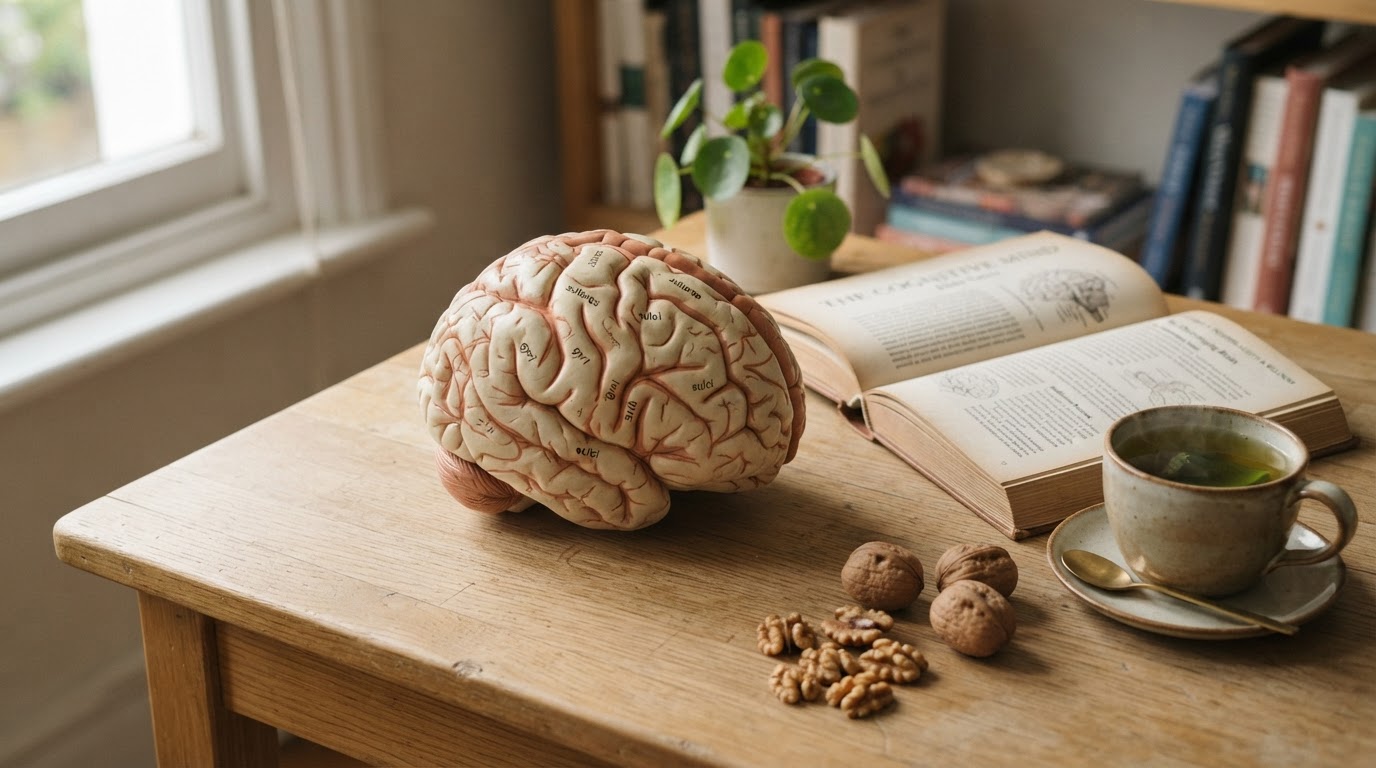 A brain model beside an open book, green tea, and walnuts representing cognitive wellness
